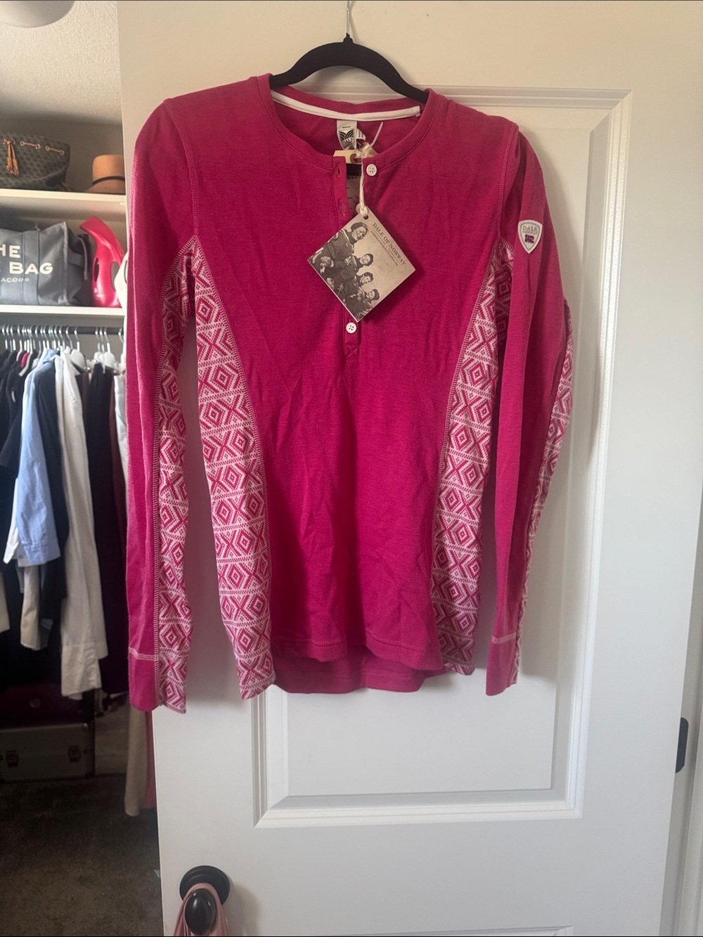 Dale of Norway Long-Sleeve Henley in Berry Pink with Patterned Side Panels